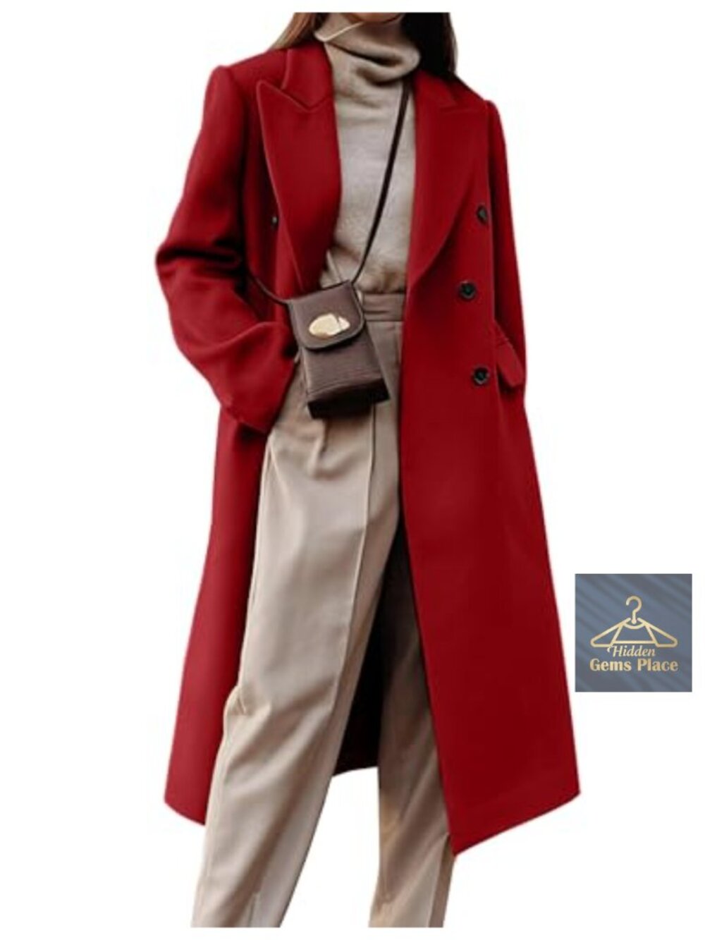Women's Long Wool Pea Coat Double Breasted Notch Lapel Below Knee